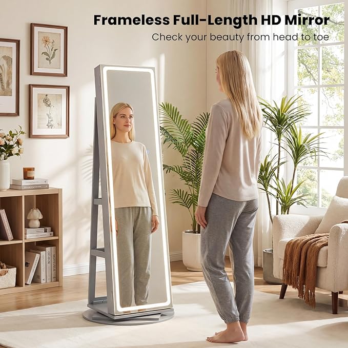 CHARMAID 360° Rotating Jewelry Armoire with LED Lighted Full Length Mirror & Built-in Vanity Mirror, Lockable Standing Jewelry Cabinet with Lights, Large Storage Organizer for Jewelry (Gray)