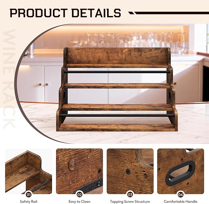 19.6”W x 15.74" D x 12.5" H Inches Versatile 4-Step Coffee Syrup & Water Bottle Organizer Rack Multi-Functional Retro Display Shelf for Kitchen or Bar, Holds Liquor & Spirits, Wooden