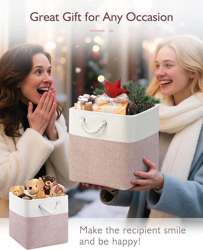 11 Inch Storage Cubes 4-Pack, Foldable Fabric Organizer Bins with Rope Handles, Cube Storage Baskets for Closet Shelves and Home Organization(White/Pink)