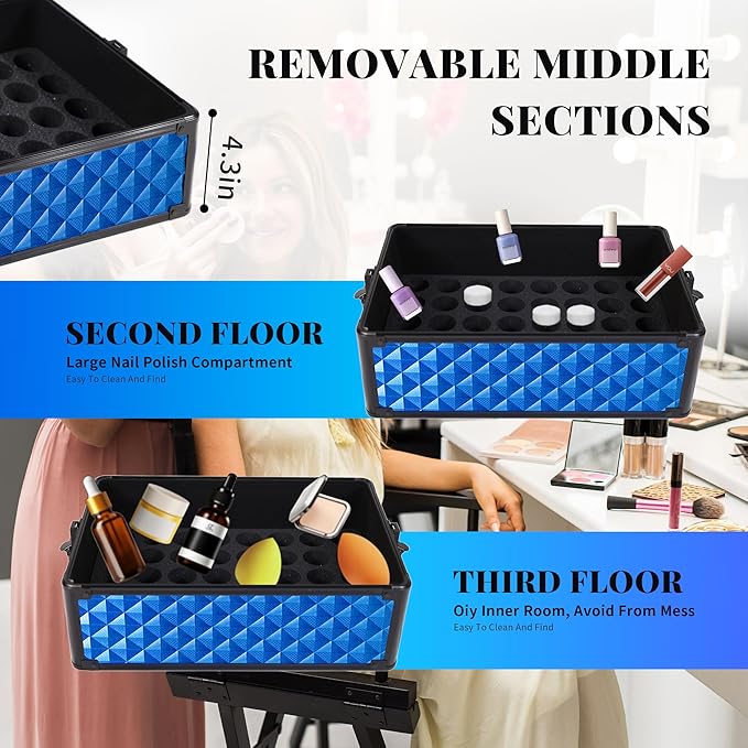 AROUS Rolling Makeup Train Case 4 in 1 Cosmetology Case on Wheels Large Storage Cosmetic Trolley with Key Salon Barber Case Traveling Cart Trunk, Blue