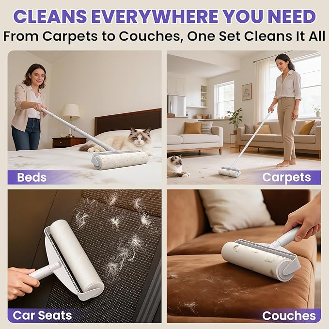 DELOMO Two Large Lint Roller Set for Pet Hair: 9.45” Extra-Wide Sticky Rollers - Long Handle for Floors & Carpets and Short Handle for Couches & Furniture - 360 Sheets Total - for Multi-Pet Homes