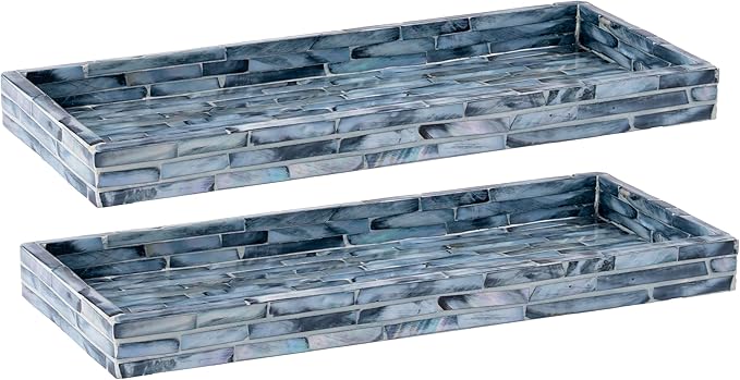 PEMAR Blue Mother of Pearl Tray Set of 2 – Handcrafted Decorative Vanity & Countertop Organizer for Bathroom, Entryway, Coffee Table – Elegant Home Decor Accent, 11.8" Lx5.1 Wx1 H