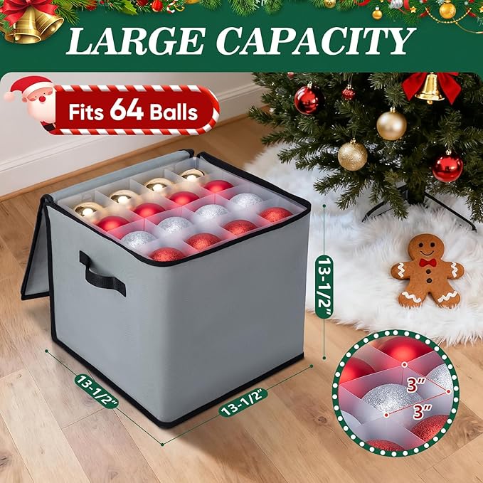 BALEINE Christmas Ornament Storage Box with Dividers, Premium Holiday Ornaments Storage Container Bin for Xmas Decorations (64 Ball, Green, Soft)