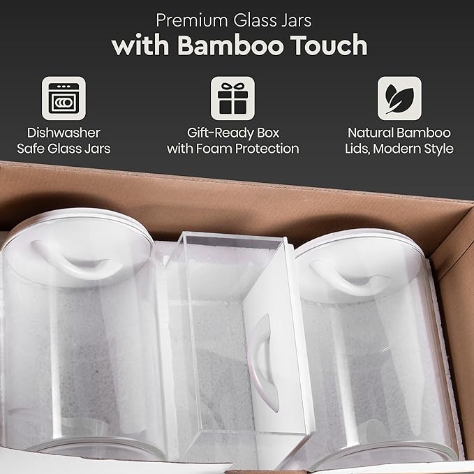 Laundry Pod Storage Container Set | Two 3L Glass Jars & One Acrylic Dryer Sheet Container with Bamboo Lids – Includes 2 Scoops, 60 Waterproof Laundry Labels – Dishwasher Safe