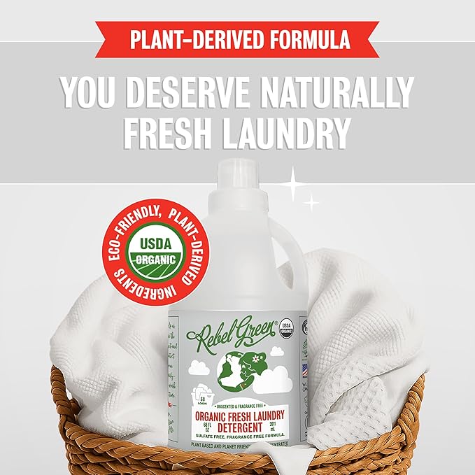 Rebel Green Organic Laundry Detergent - Natural Laundry Soap - Liquid Laundry Detergent with Dispenser Cup - Gentle Laundry Detergent - Fresh Unscented Soap - (68 Load Bottles, 2 Pack)
