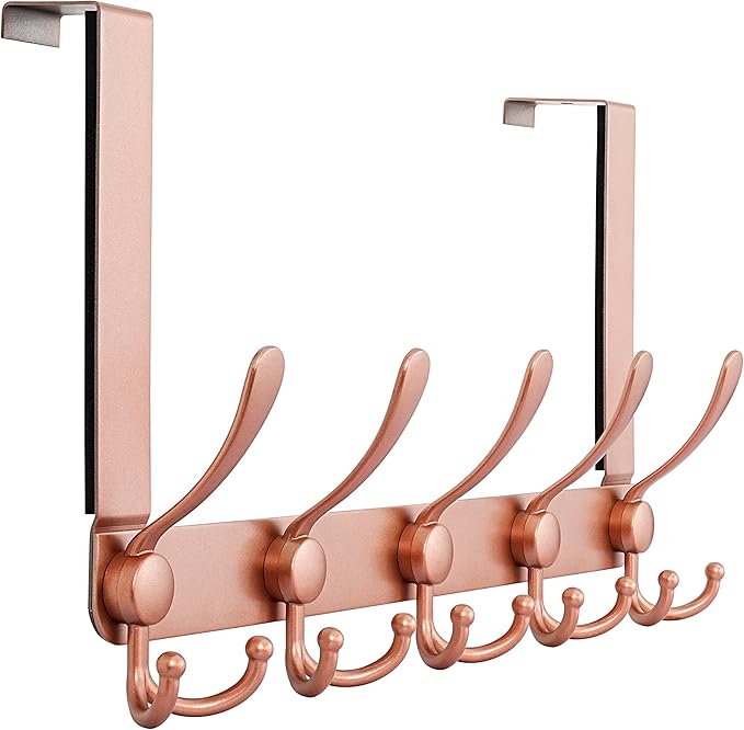Dseap Over The Door Hook Hanger - Fits 1 3/8" to 1 3/4" Standard Doors | 5 Tri Hooks Heavy Duty Towel/Coat Rack | Door Organizer for Clothes, Jackets, Hats, Towels, Rose Gold