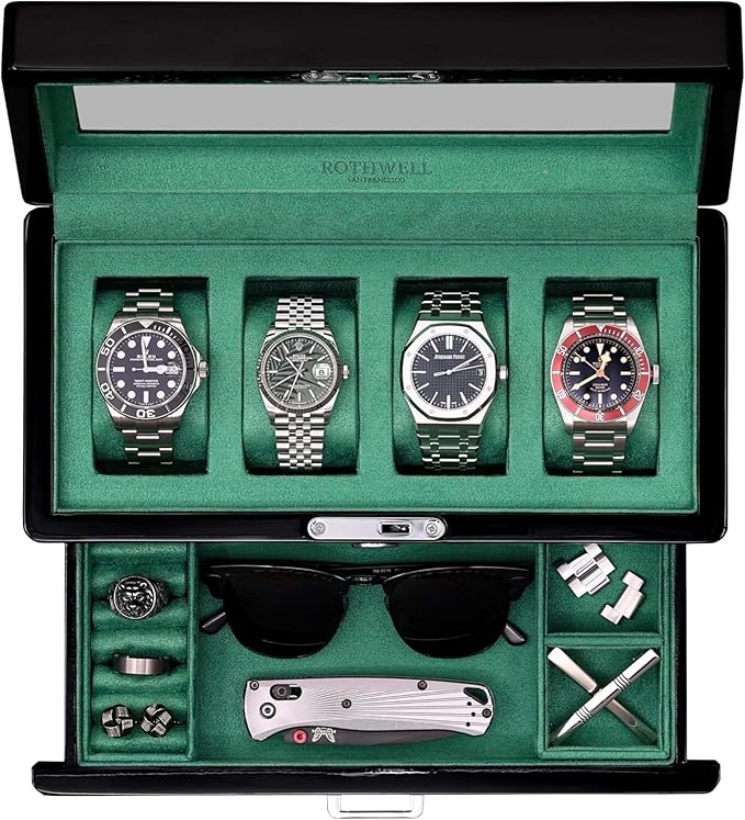ROTHWELL 4-Slot Piano Black Watch Box with Valet Drawer - Premium Jewelry Display Case Organizer with Locking Glass Top and Microsuede Liner for Men & Women (Green Interior)