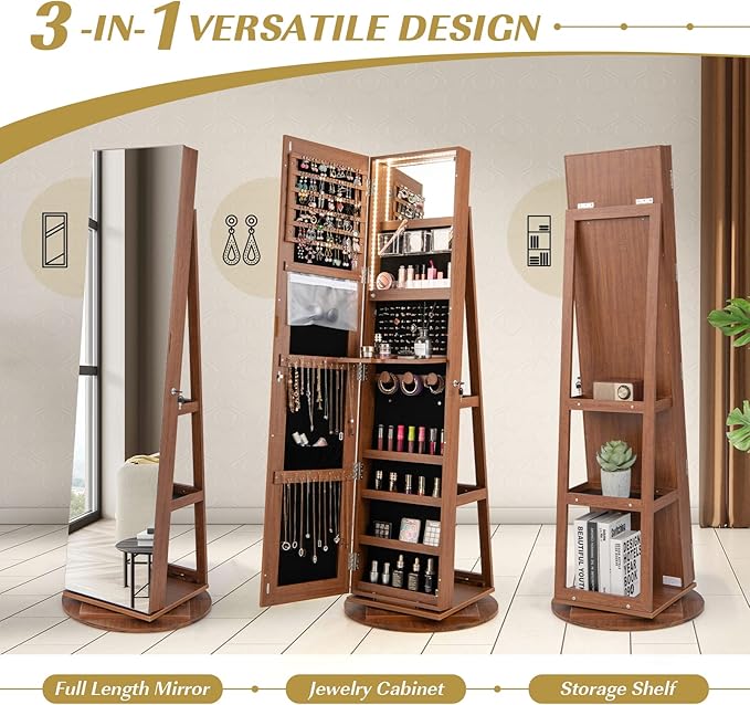 GOFLAME 360° Rotating Jewelry Cabinet with Full-Length Mirror, Freestanding Jewelry Armoire with 3-Color LED Light and Back Storage Shelf, Lockable Jewelry Organizer for Bedroom Cloakroom, Walnut