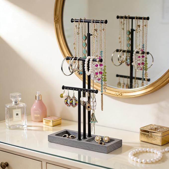 Love-KANKEI Jewelry Organizer Stand Metal & Wood Base and Large Storage Necklaces Bracelets Earrings Holder Organizer Gift Black and Weathered Grey