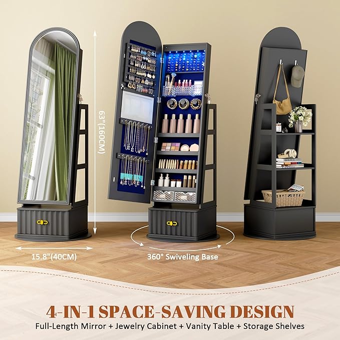 Full Length Mirror with Storage, 63" Mirror Jewelry Cabinet Standing, Rotating Jewelry Mirror Organizer Full Length, Lockable Jewelry Armoires with Velvet Lining for Women Gift