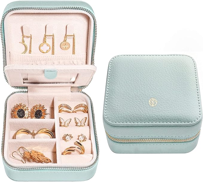 S.Leaf Travel Jewelry Organizer Boxes for Women Small Portable Necklace Earrings Bracelet Rings Travel Case Best Friend Birthday Gifts for Women Trendy (02_Lychee_Haze_Blue)