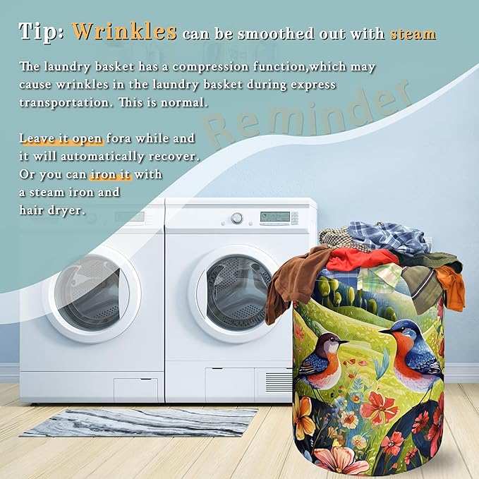 Birds With Flowers Laundry Hamper Foldable With Handles Bird Tote Bag Universal Oxford Cloth Colorful Laundry Basket Clothes Toy Storage Bucket 18.9"x16.5 "For Bathroom/Laundry/Bedroom