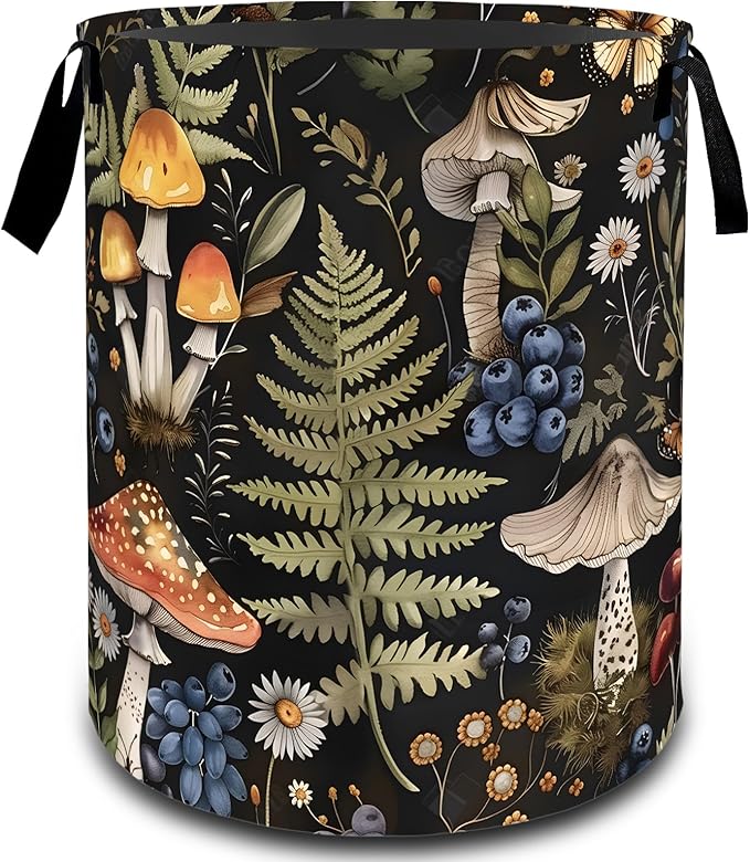 Mushroom Fern Daisy Butterfly Laundry Basket, Dirty Collapsible Clothes Toy Organizer Hamper for Kids Adults, Oxford Cloth Waterproof Storage Bin for Bathroom Forest Decor Gifts, 19.7"X15.7"