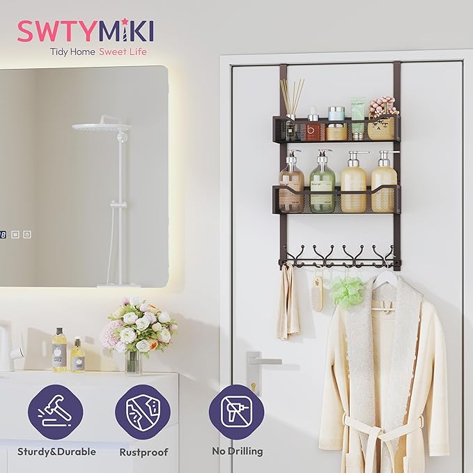 SWTYMIKI Over The Door Hooks Organizer - Multi-Functional Door Hanger with 16 Hooks & 2 Mesh Baskets, Long Coat Rack for Bathroom, Bedroom, Living Room, Home Storage Organizer, Bronze