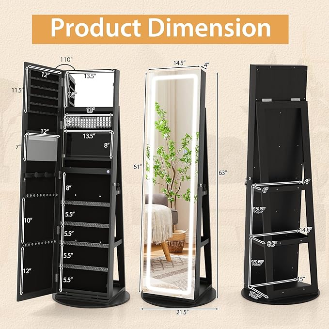 GOFLAME 360° Swivel Jewelry Cabinet Armoire with Full Length Mirror, Standing Jewelry Storage Organizer with Rear Storage Shelves, 3-Color LED Lights, Foldable Shelf, Interior Mirror, Black