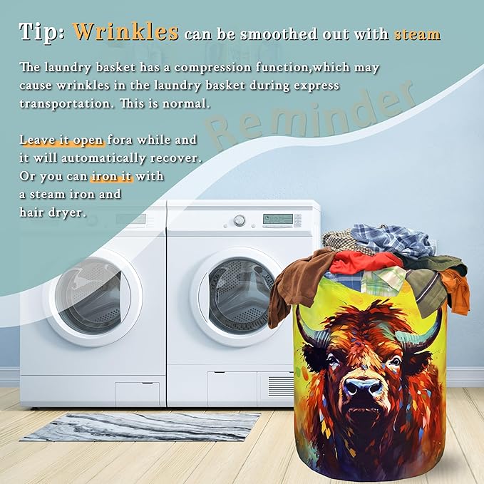 Highland Cow Laundry Hamper Foldable With Handles Funny Animal Tote Bag Oxford Cloth Colorful Laundry Basket Clothe Toy Storage Bucket 18.9"x16.5"For Bathroom/Laundry/Bedroom