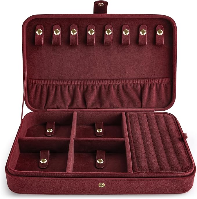 VELORIA Velvet Travel Jewelry Box Organizer, Jewelry Case with 8 Snap Clasps for Necklaces, Ring & Earring Storage, Compact Jewelry Organizer for Bracelets and Bangles, Dark Red
