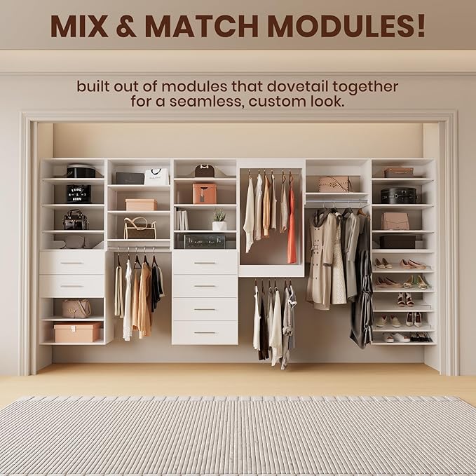ROOMTEC 34.5" Tall Hanging Closet Unit, Modular Closet System with Hanging Rod, Wardrobe Organizer for Bedroom or Walk-in Closet, Wall Mounted, Customizable Clothes Storage Unit, White