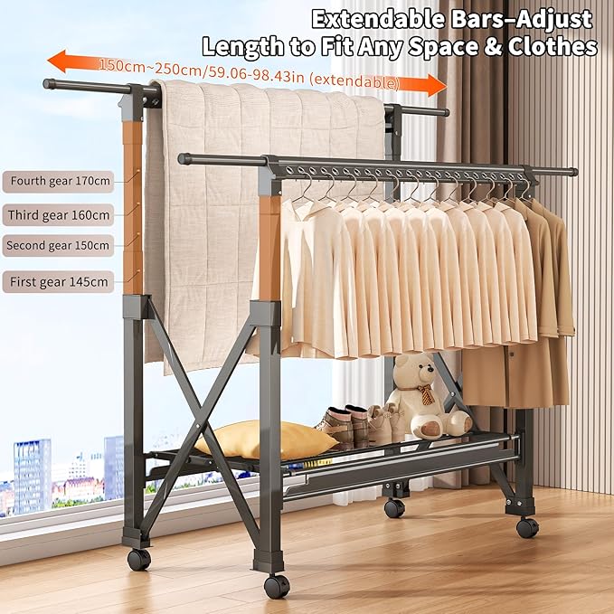 Double Rod Foldable Collapsible Extendable Rolling Clothes Drying Rack with Wheels, Heavy Duty Adjustable Freestanding Metal Large Garment Rack for for Apartment Indoor Outdoor Balcony Laundry, Grey