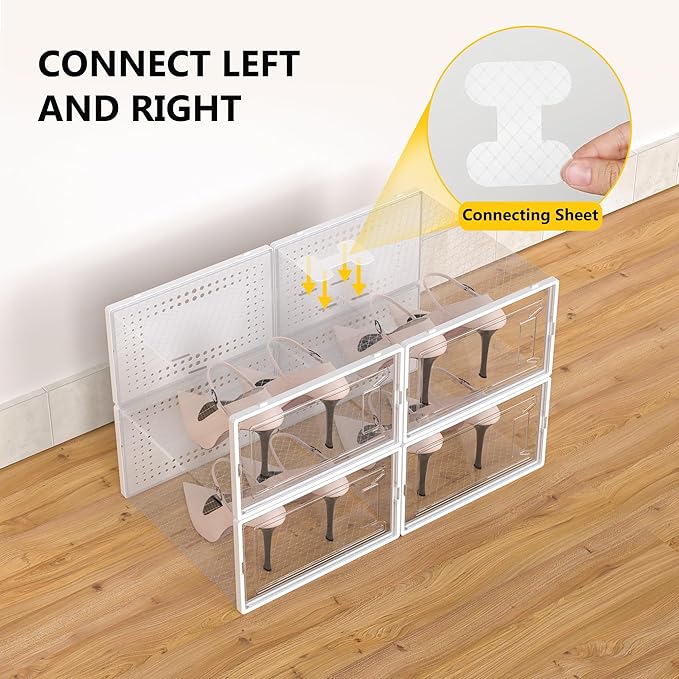 Secret Space 12 Pack Large Shoe Organizer Storage Boxes for Closet, Modular Space Saving Shoe Boxes Clear Plastic Stackable Sneaker Containers Display Case with Lids, White