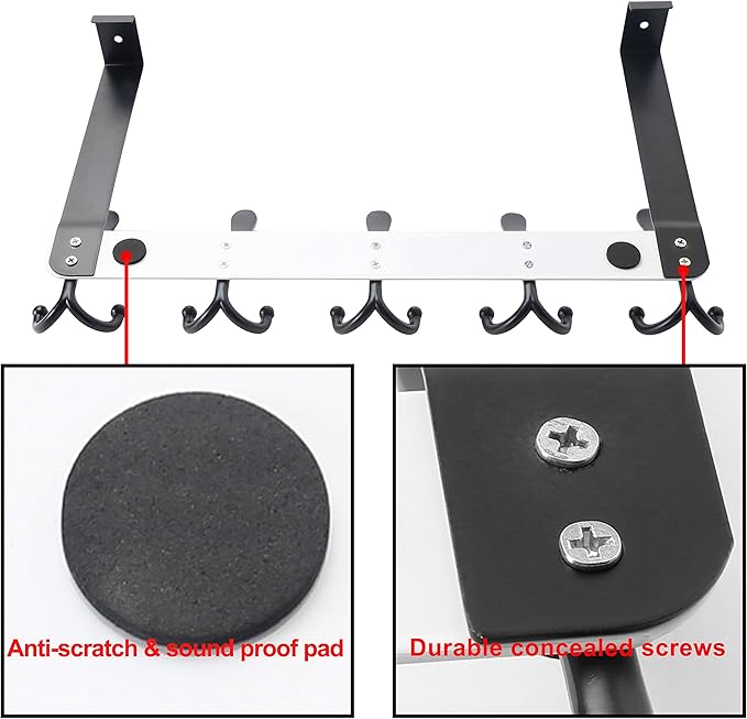 SKOLOO Over The Door Hook - for Doors up to 1-3/4'' Thickness, Metal Door Hanger with 5 Triple Hooks, Black on White Over The Door Hanger for Coats, Hats, Towels, Assembly Required