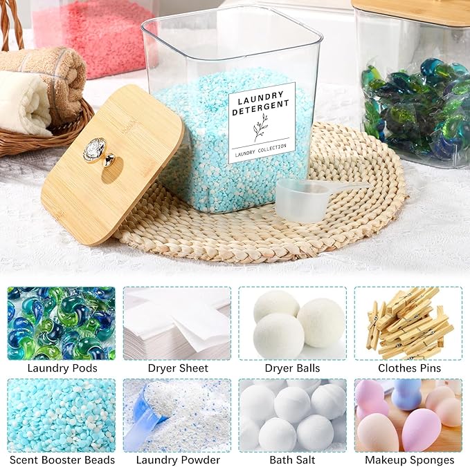 5 Pcs Laundry Room Organization Storage Containers 4 Large 3L Laundry Pod Containers and Dryer Sheet Holder with Bamboo Lids 18 Labels 4 Scoops for Detergent Powder Laundry Organizer