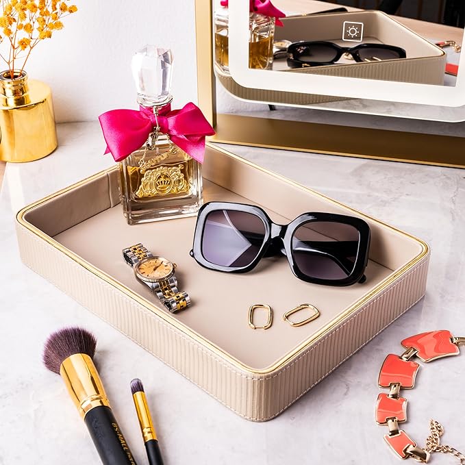ZHEM Perfume Tray Valet Tray Night Stand Bedside Organizer| Perfume Organizer Catchall| Perfume Trays for Dresser Vanity Tray for Dresser Countertop| Perfume Holder (Beige 8"x11"x1.75")