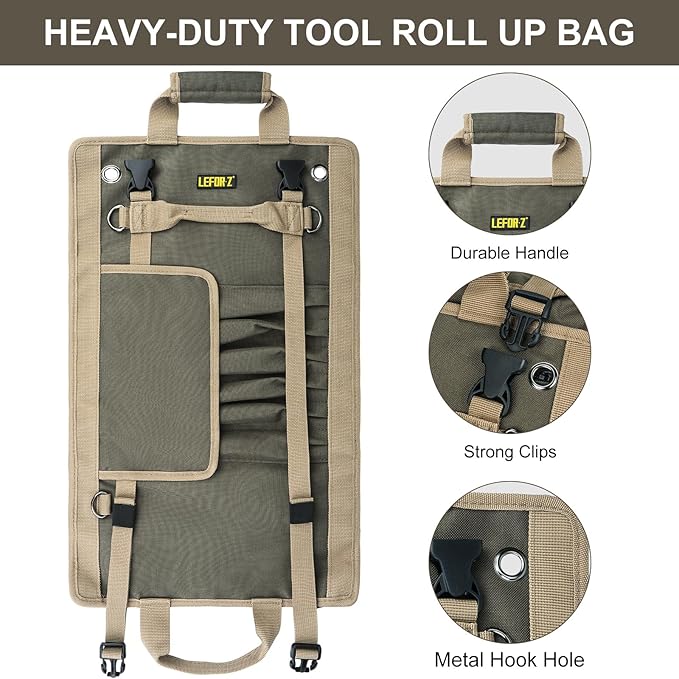 Tool Bag,Large Roll Up Tool Bag Organizer,13 Pockets Tool Roll Storage Pouch,Heavy Duty Portable Tool Storage Carrier Bag for Men,Mechanic,Electrician & Hobbyist,Olive Green