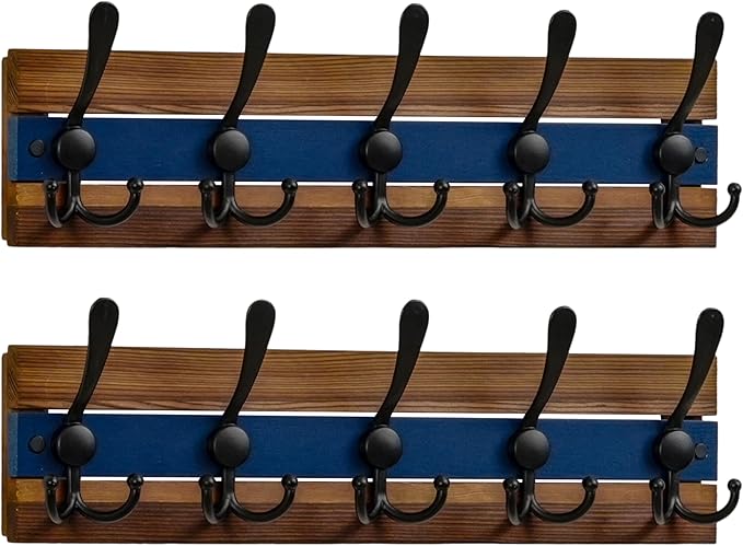 SKOLOO Rustic Wall Mounted Coat Rack - 16-7/8" Long Coat Hooks for Wall with 5 Triple Hooks for Hanging Coats, Hats or Tools, Western National Parks Collection, Wood Brown & Blue, Pack of 2
