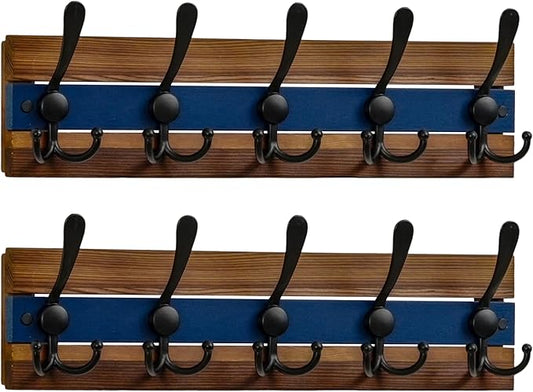 SKOLOO Rustic Wall Mounted Coat Rack - 16-7/8" Long Coat Hooks for Wall with 5 Triple Hooks for Hanging Coats, Hats or Tools, Western National Parks Collection, Wood Brown & Blue, Pack of 2