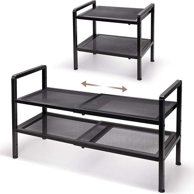 Varhomax Expandable Shoe Rack for Entryway, 2-Tier Adjustable Shoe Organizer, Sturdy Black Metal Storage Shelf for Closet, Apartment, Dorm, Small Spaces