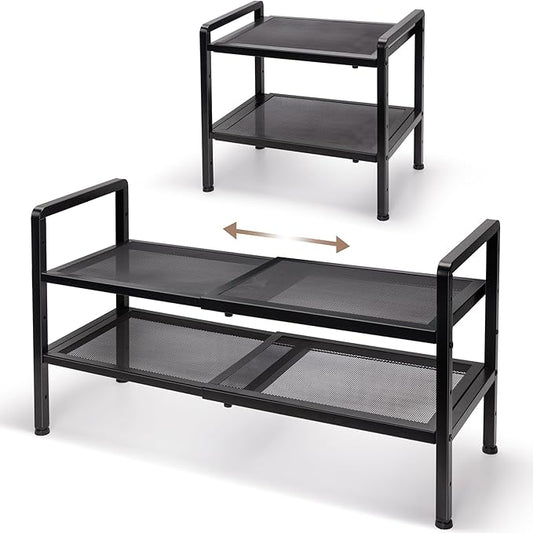 Varhomax Expandable Shoe Rack for Entryway, 2-Tier Adjustable Shoe Organizer, Sturdy Black Metal Storage Shelf for Closet, Apartment, Dorm, Small Spaces