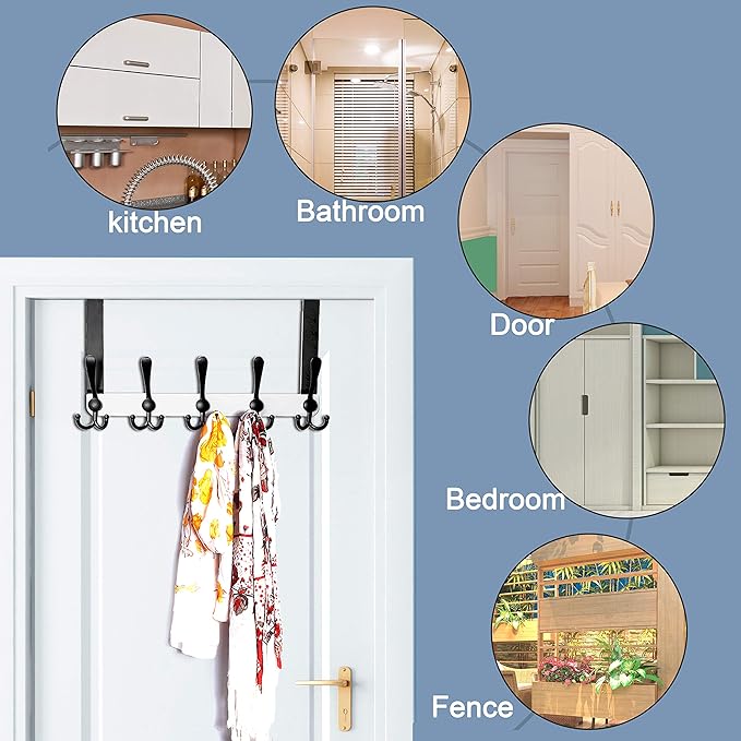 SKOLOO Over The Door Hook - for Doors up to 1-3/4'' Thickness, Metal Door Hanger with 5 Triple Hooks, Black on White Over The Door Hanger for Coats, Hats, Towels, Assembly Required