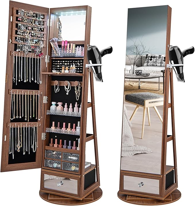 CHARMAID 360° Swivel Jewelry Cabinet Armoire 64.5" H, Full Length Mirror with Jewelry Storage, 6 LEDs Lockable Jewelry Organizer, Rear Storage Shelves, Large Drawer, Hairdryer Holder (Walnut)
