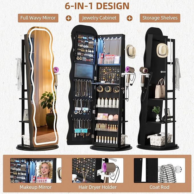 Vlsrka LED Mirror Jewelry Cabinet Standing, 360° Swivel Jewelry Aromire Organizer with Wavy Mirror, Lockable Jewelry Mirror with Storage, Jewelry Cabinet, Interior Mirror, Flodable Shelf, Black