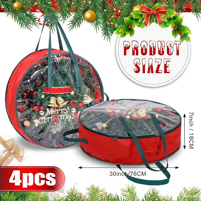 Shappy 4 Pcs Christmas Wreath Storage Bag Clear Wreath Box Storage Containers with Clear Window and Handle Christmas Garland Containers for Xmas Holiday Seasonal Bags (30 Inch)