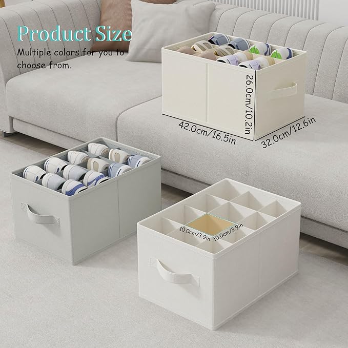 2 Pack Cube Shoe Organizer, Fits Up to 24 Pairs, Foldable Space-saving Storage Container Bins, Closet Organizers System with Reinforced Handles, 16.5 x 12.6 x 10.2 In, Beige, XSNX02BE-2