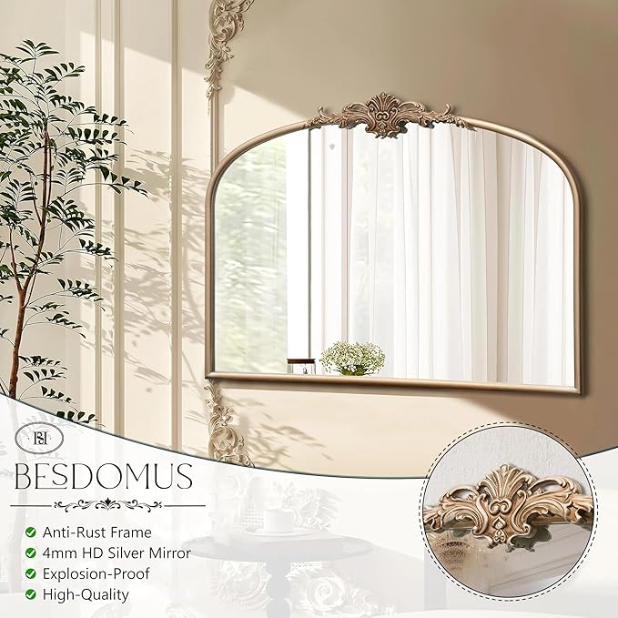 Besdomus Arched Vintage Gold Mirror: 32"x24" Large Champagne Gold Antique Wall Mounted Mirror - Baroque Traditional Ornate for Fireplace/Bathroom/Living Room - Wall Decor for Fashion-Conscious