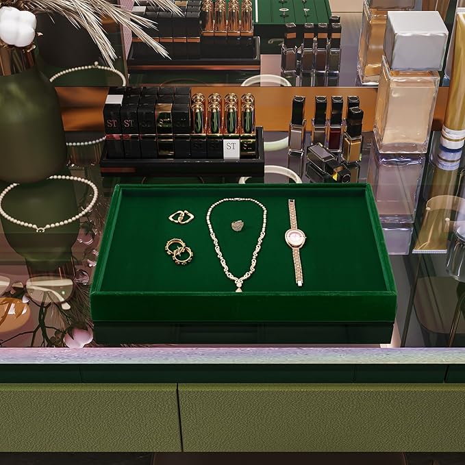 Green Velvet Jewelry Trays Stackable Jewelry Drawer Organizer Tray for Necklace Bracelets Rings Storage Display