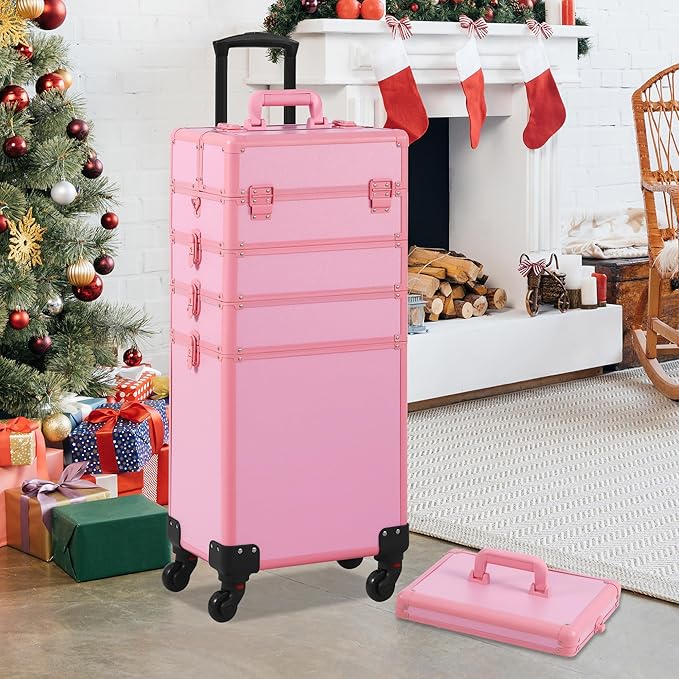 Makeup Train Case, Rolling Makeup Case with Lid, 5 in 1 Cosmetology Case on Wheels, Christmas Gift, Large Makeup Case Organizers, Profesional Cosmetic Case for Salon Barber, Pink