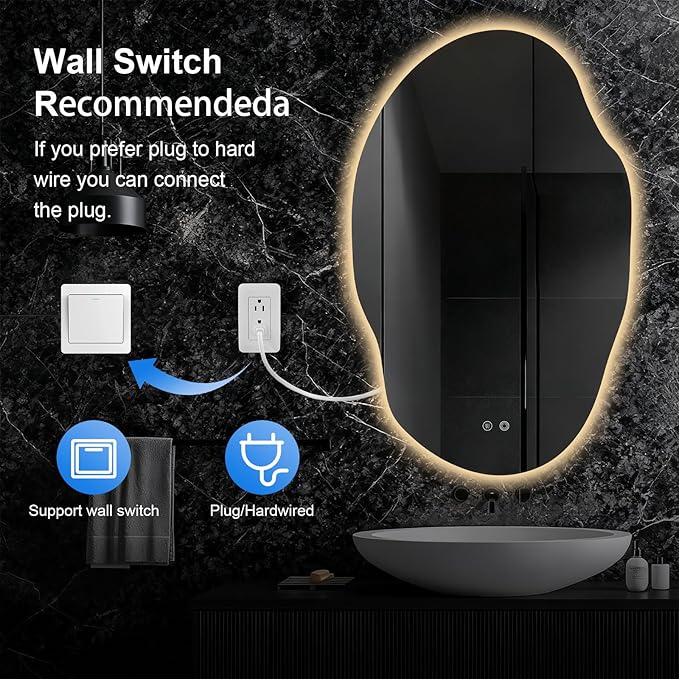 Asymmetrical Bathroom Mirror with Lights,Irregular LED Bathroom Vanity Mirror with Backlit,Anti-Fog,3 Colors and Dimmable Light with Memory,Hardwired Supported[Horizontal/Vertical] 48" H x 30" W