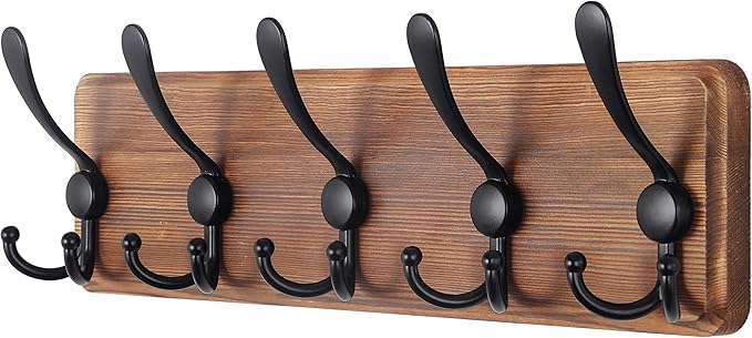 SKOLOO Rustic Wall Mounted Coat Rack: 16" Hole to Hole, Pine Real Wood Plank Wall Coat Rack with 5 Triple Hooks, Farmhouse Coat Hanger Wall Mount for Hanging Backpack Jacket Coat Hat