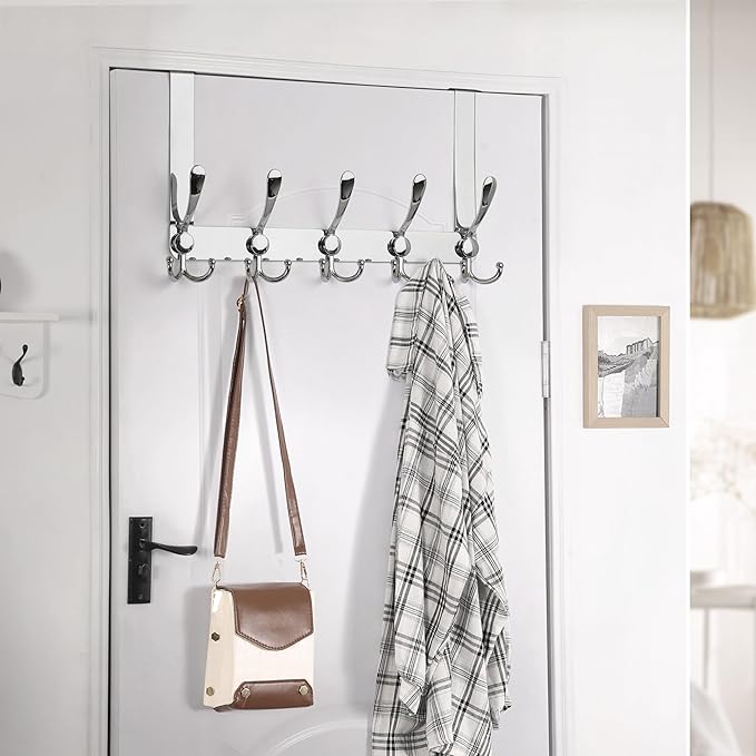 Dseap Over The Door Hook Hanger - Fits 1 3/8" to 1 3/4" Standard Doors | 5 Tri Hooks Heavy Duty Towel/Coat Rack | Door Organizer for Clothes, Jackets, Hats, Towels, Chromed