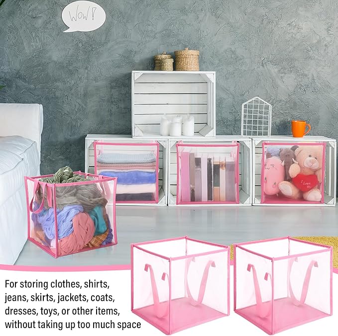 Zopeal 6 Pack Popup Laundry Hamper 13 Inch Collapsible Laundry Baskets with Handles Mesh Clothes Baskets Portable Single Layer Foldable Clothes Hamper Square Bin for Washing (Pink,Single-layer)