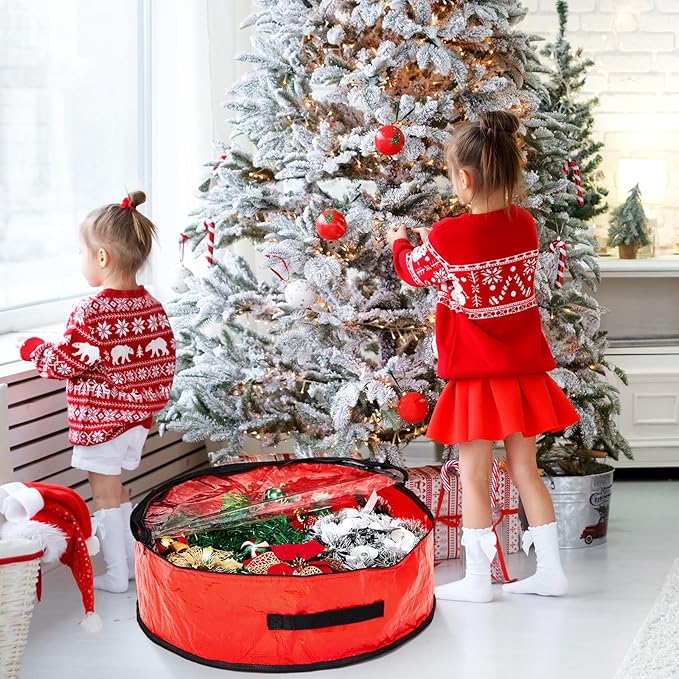 4 Pcs Christmas Wreath Storage Bag, Christmas Garland Storage Container with Clear Window, Zipper & Handle for Xmas Holiday Seasonal Wreath Garland Box(Red,36")