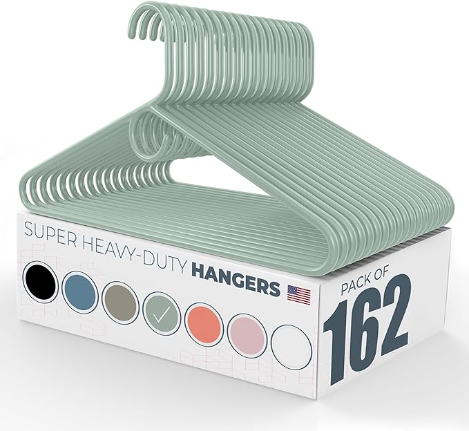 Neaties Super Heavy Duty Clothes Hangers 100+ Pack (162 Count) – Made in The USA - 10lb Capacity, Thick Plastic Hangers for Pants, Coats, Jackets, Jeans and Adult Clothing – Mint