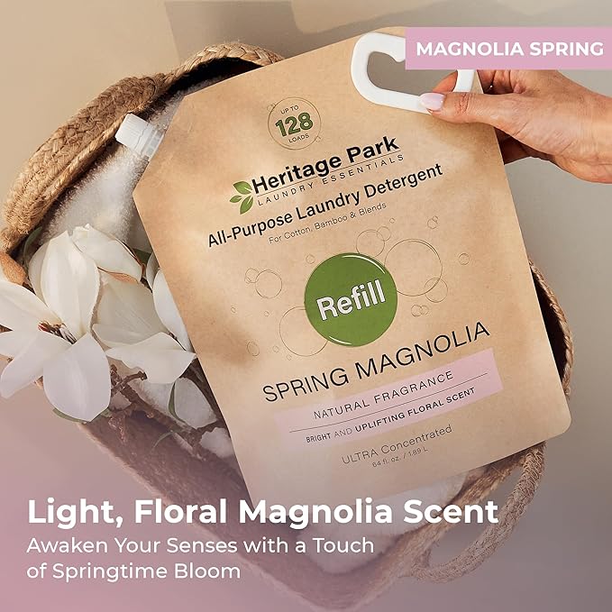 Heritage Park Luxury Laundry Detergent | Dermatologist Tested Plant based Natural & Enzyme Laundry Detergent | Sensitive Skin Friendly - Spring Magnolia (64 fl oz Refill)