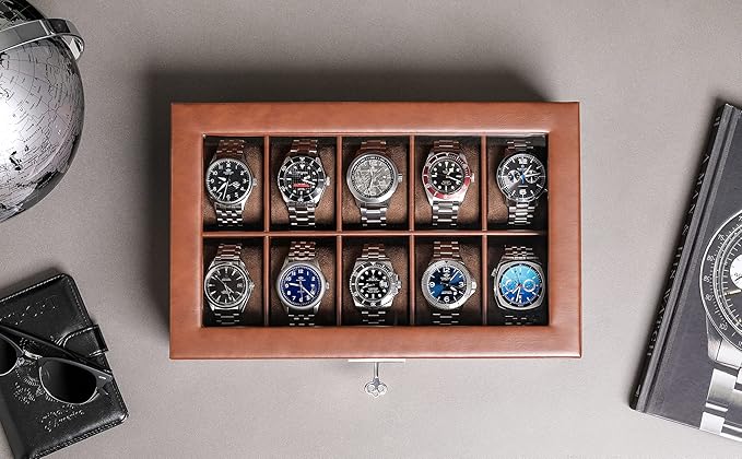 ROTHWELL 10 Slot Leather Watch Box - Luxury Case Display Jewelry Organizer - Locking Watch Display Case Holder with Large Glass Top - Box Organizer for Men and Women (Tan/Brown)