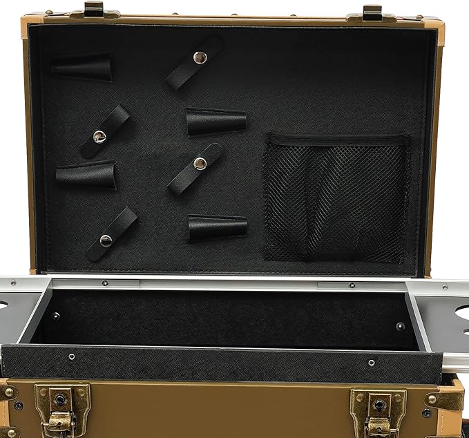 Rolling Hairdressing Case - Professional Makeup Train Case with Dual Password Locks, Cosmetic Organizer for Salon/Barber/Nail Artists (Gold)