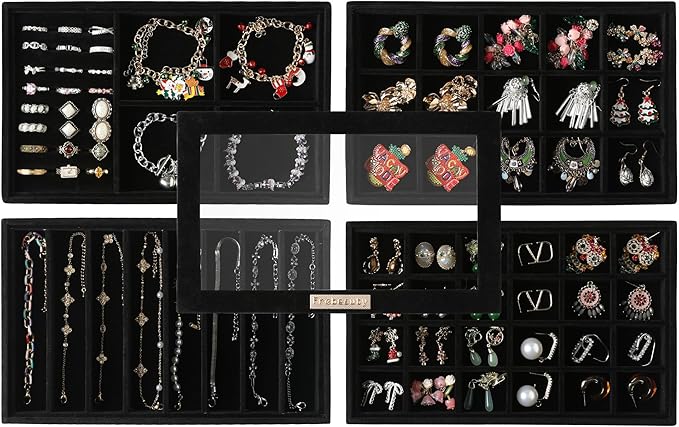 Frebeauty Stackable Jewelry Trays,Velvet Jewelry Organizer for Drawer,5-in-1 Jewelry Storage Box with Lid,Vanity Jewelry Display for Earrings Necklaces Rings,10.5 x 6.5 x 5.55 Inches,Gift for Women